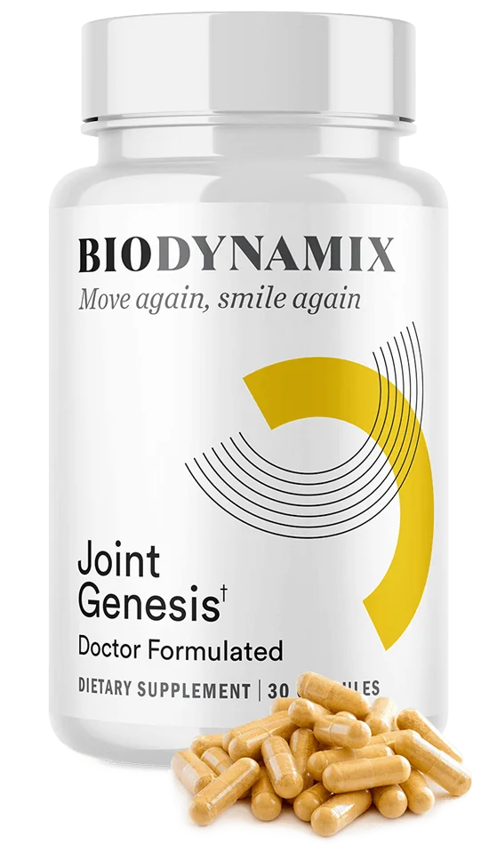 Joint Genesis bottle of 30 capsules by BioDynamix with capsules in front